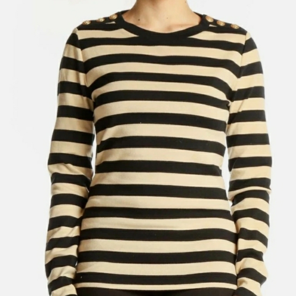 J. Crew Black and Cream Striped Long Sleeve Top